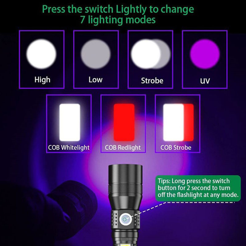 3 in1 395nm UV Black Light 7 Modes Magnetic LED UV Rechargeable Flashlight with Clip