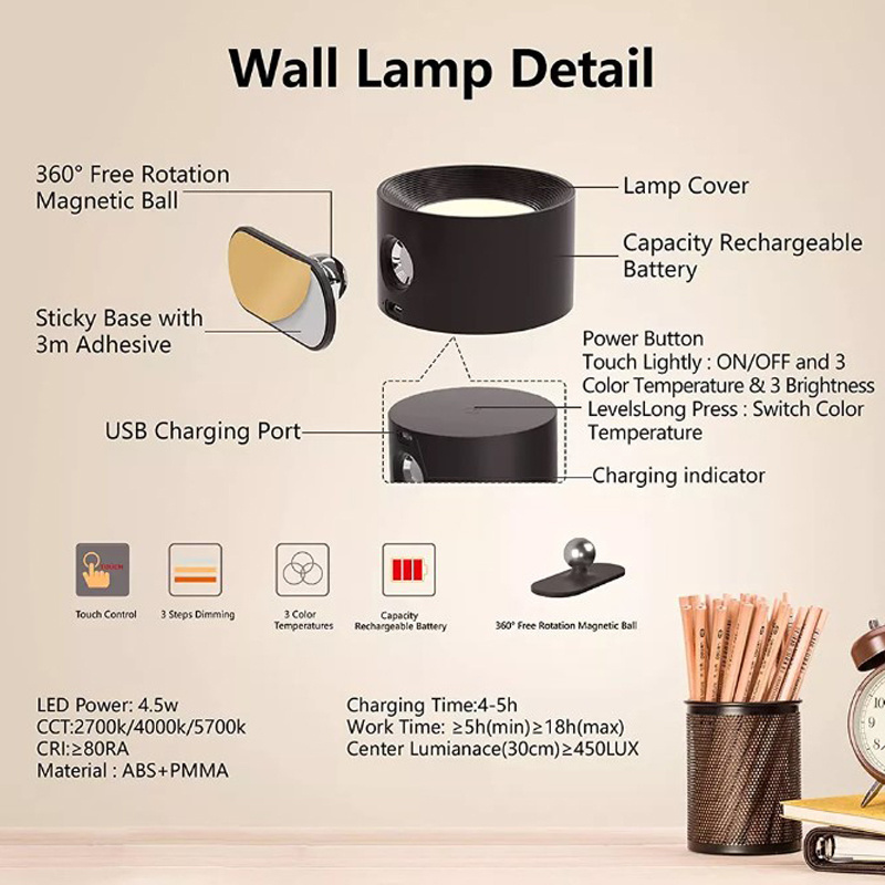 Rechargeable 3 Color Temperature Wall Sconce LED Light 360 Rotate Magnetic Wireless Bedroom Wall Reading Light