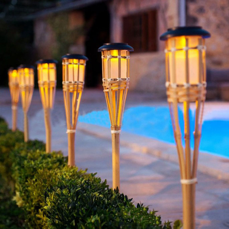 Outdoor Solar Powered Flickering Dancing Flame Garden Stake Lights Waterproof Bamboo Solar Flame Torches