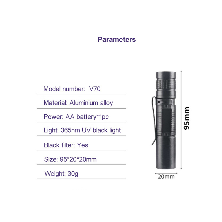 Black Filter Mini UV Flashlight 365nm UV Portable Ultraviolet Black Light AA Battery Powered UV Flashlight