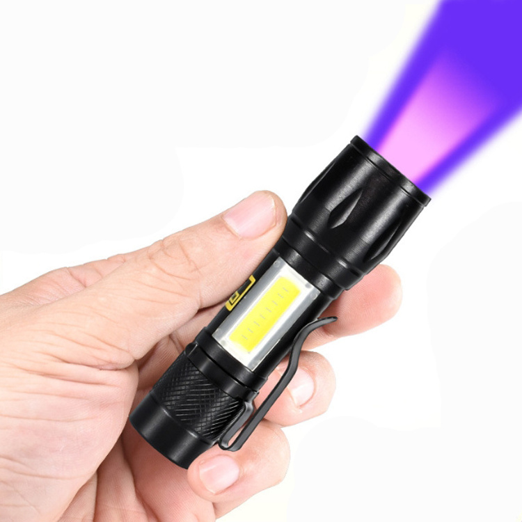 Built in Battery Powered Micro USB Rechargeable Ultraviolet Black Light Flashlight COB Work Light Zoom UV Flashlight with Clip