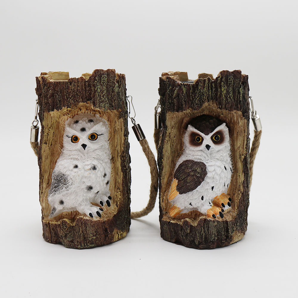 Solar Powered Outdoor Waterproof LED Owl Stump Lamp with Rope Handle Resin Owl Solar Hanging Lanterns