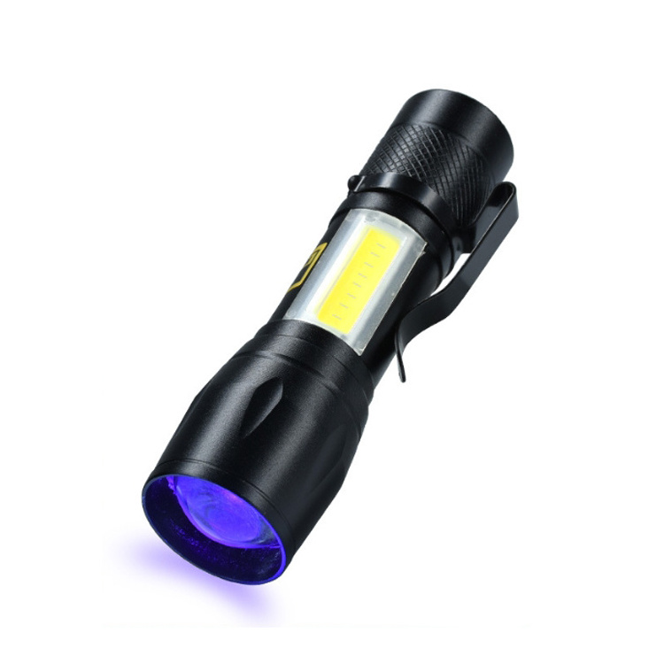 Built in Battery Powered Micro USB Rechargeable Ultraviolet Black Light Flashlight COB Work Light Zoom UV Flashlight with Clip