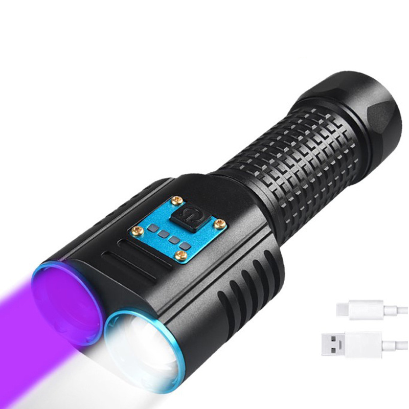 365nm Black Light & White Light 2 in1 LED Tactical UV Flashlight Type C USB Rechargeable Power Bank Ultraviolet LED Flashlight