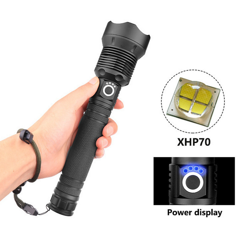 18650 26650 Battery Powered Flashlight Brightest XHP70 LED USB Rechargeable Most Powerful Flashlight for Camping