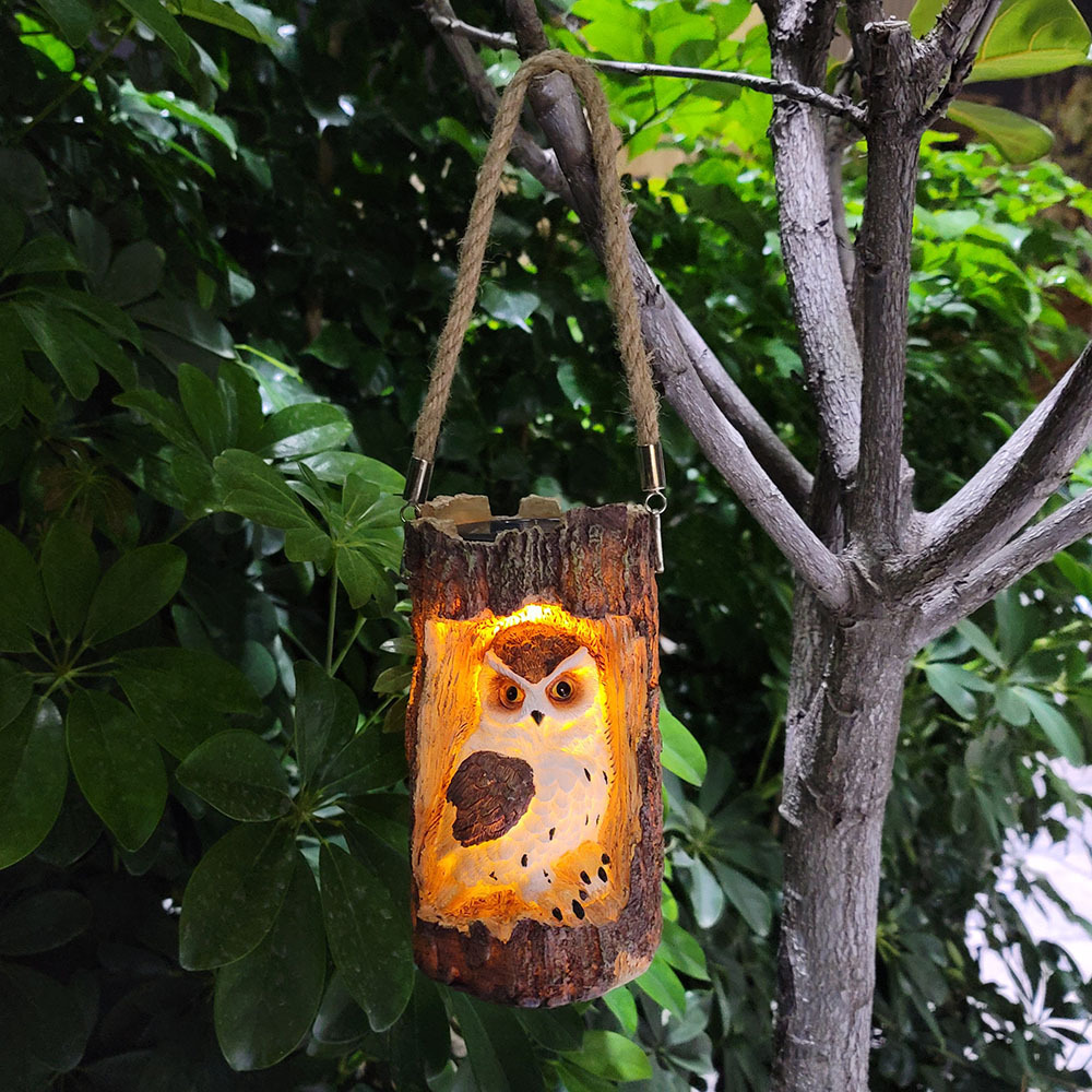 Solar Powered Outdoor Waterproof LED Owl Stump Lamp with Rope Handle Resin Owl Solar Hanging Lanterns