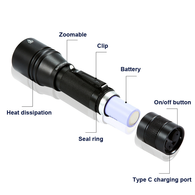 Super Bright Outdoor Emergency Aluminum 18650 XML T6 LED Flashlight USB Rechargeable Flashlight