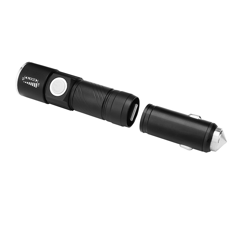 Multi Function Outdoor Camping Flashlight Emergency USB Rechargeable Tactical LED Flashlight with Car Charger Safety Hammer