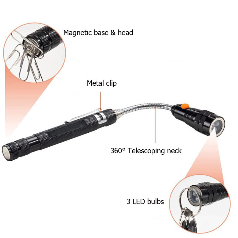 3 LED Magnetic Pickup Tool Telescoping Flexible Extensible Work Light Portable Led Flashlights