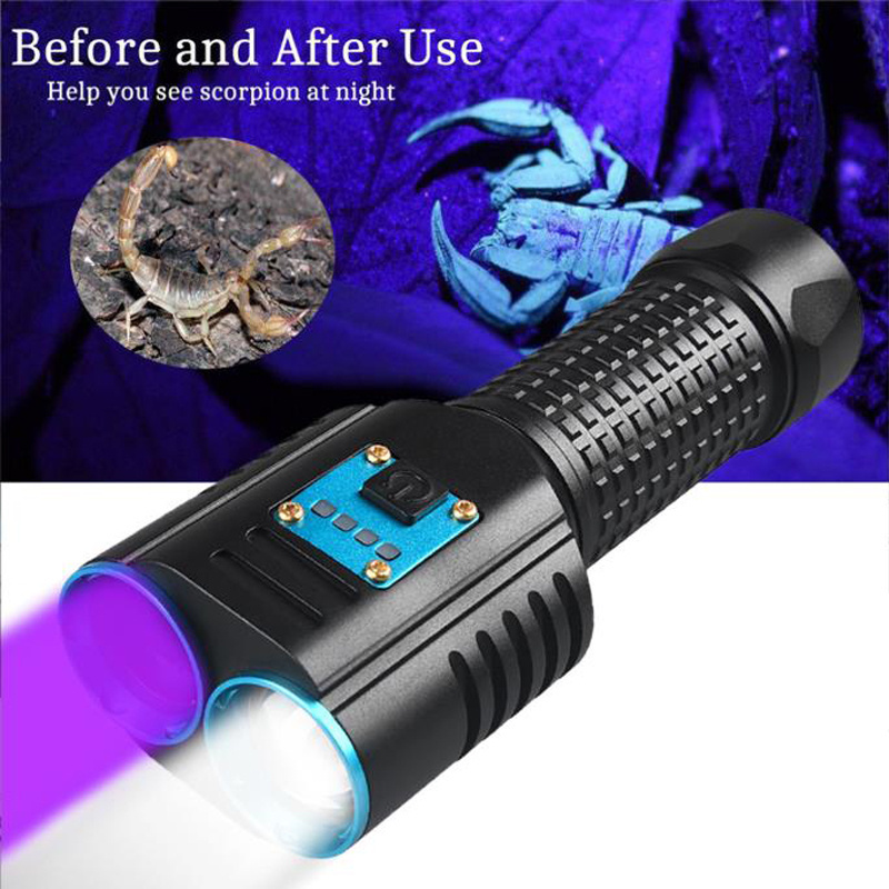 365nm Black Light & White Light 2 in1 LED Tactical UV Flashlight Type C USB Rechargeable Power Bank Ultraviolet LED Flashlight