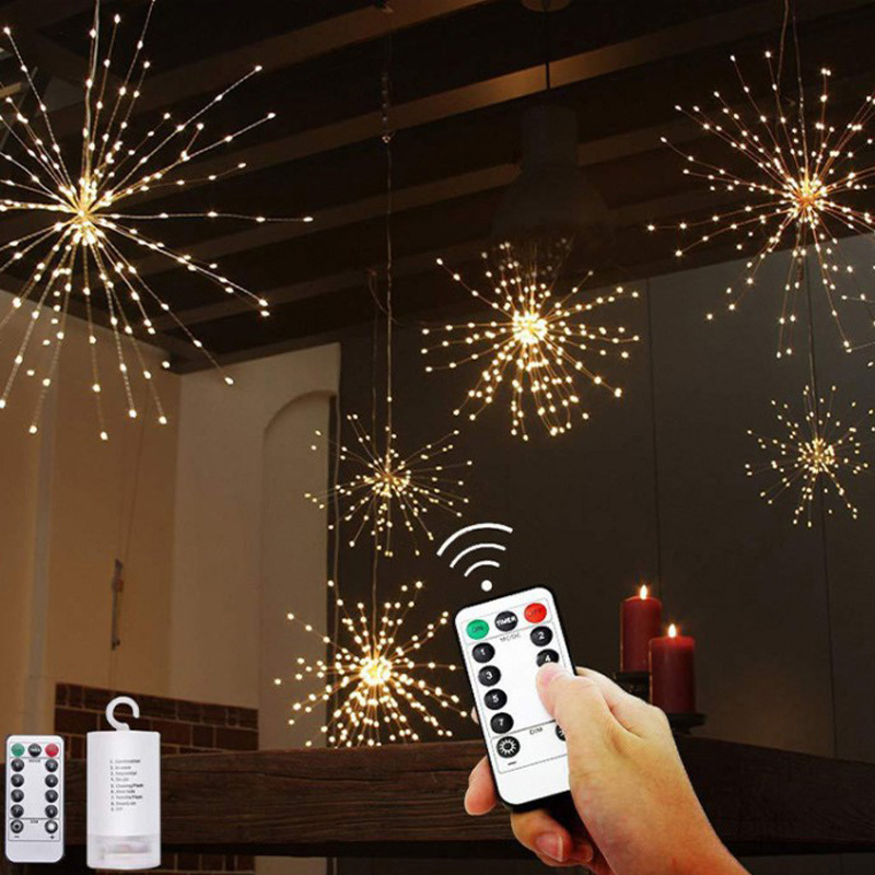 8 Modes LED Starburst String Lights Copper Wire Battery Operated Hanging Firework Lights for Party