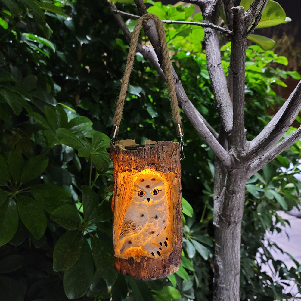 Solar Powered Outdoor Waterproof LED Owl Stump Lamp with Rope Handle Resin Owl Solar Hanging Lanterns