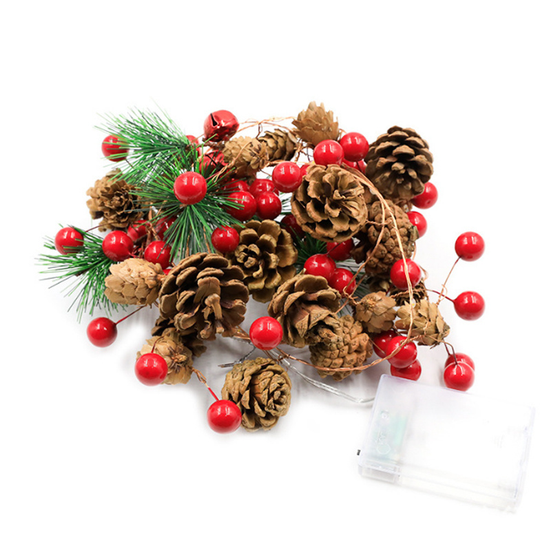 20 LED 7 Ft Christmas String Lights Battery Operated Pine Cone Red Berry Bell Xmas Garland with Lights Fairy String Lights