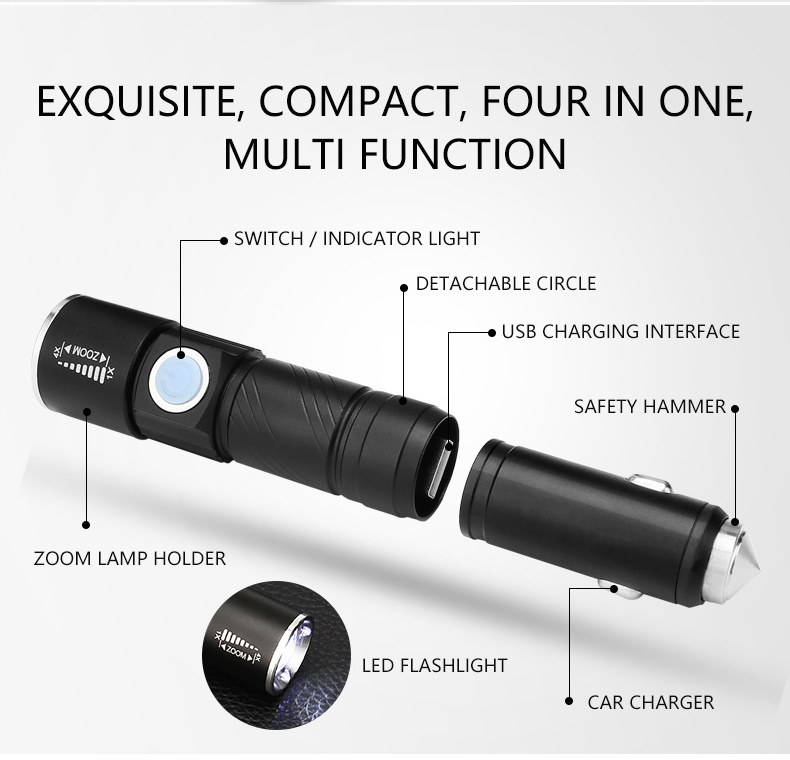 Multi Function Outdoor Camping Flashlight Emergency USB Rechargeable Tactical LED Flashlight with Car Charger Safety Hammer