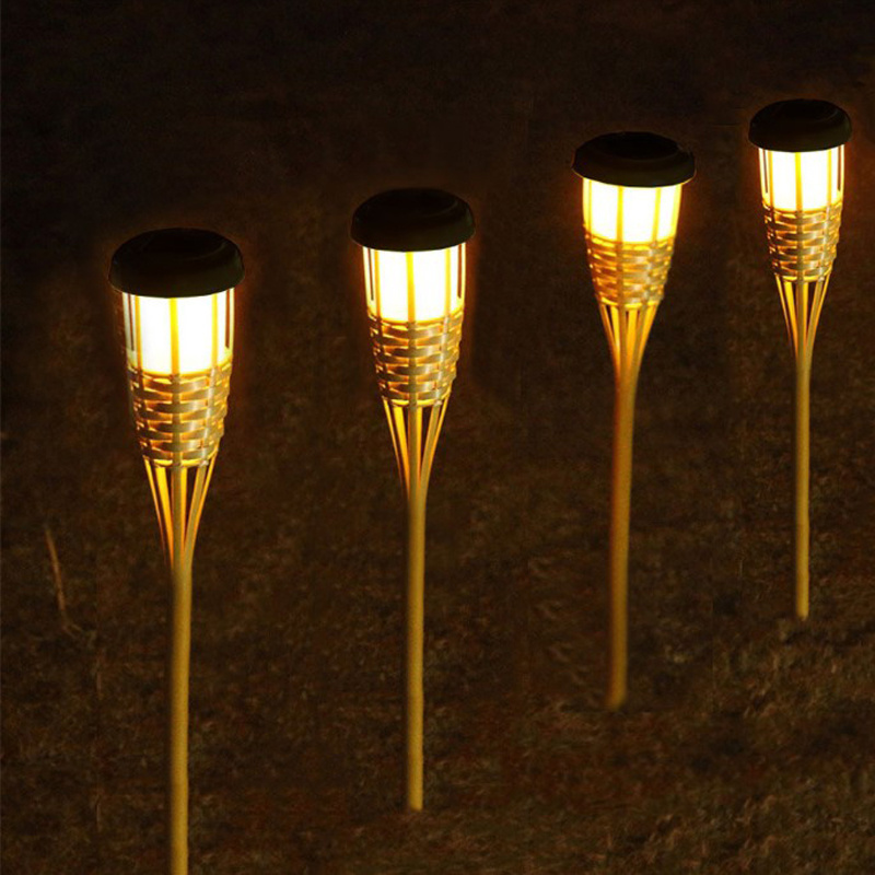 Outdoor Solar Powered Flickering Dancing Flame Garden Stake Lights Waterproof Bamboo Solar Flame Torches