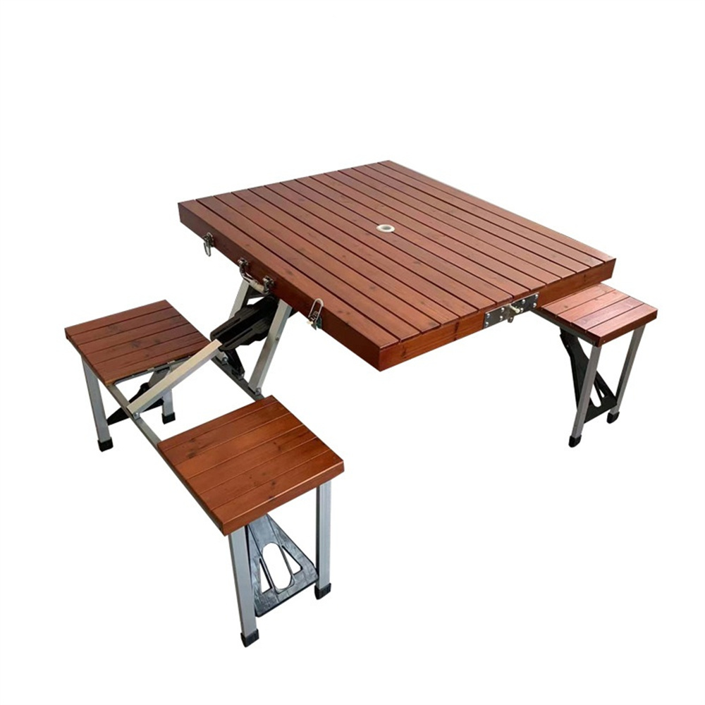 Modern Portable Wood Aluminium Frame Umbrella Picnic Folding Table And Chair Combination Set Garden Dining Outdoor Tables