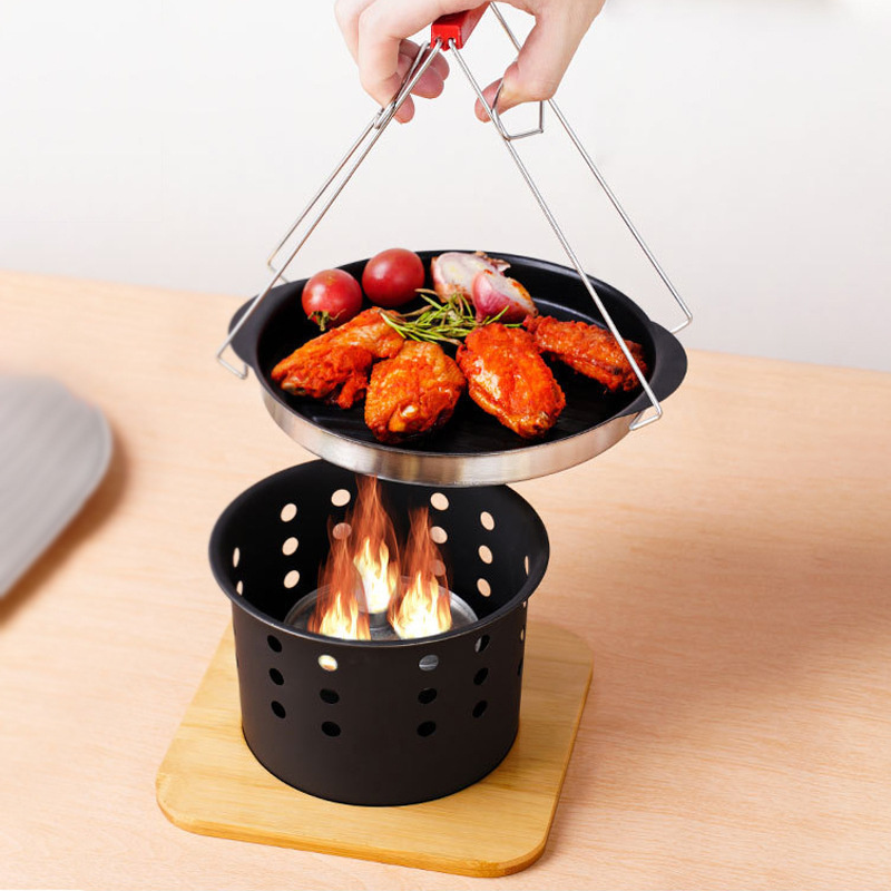 Camping Tabletop Alcohol Barbecue Stove Triple Bbq Grills Portable Outdoor Small Stainless Steel Barbecue Oven Roasting Pan