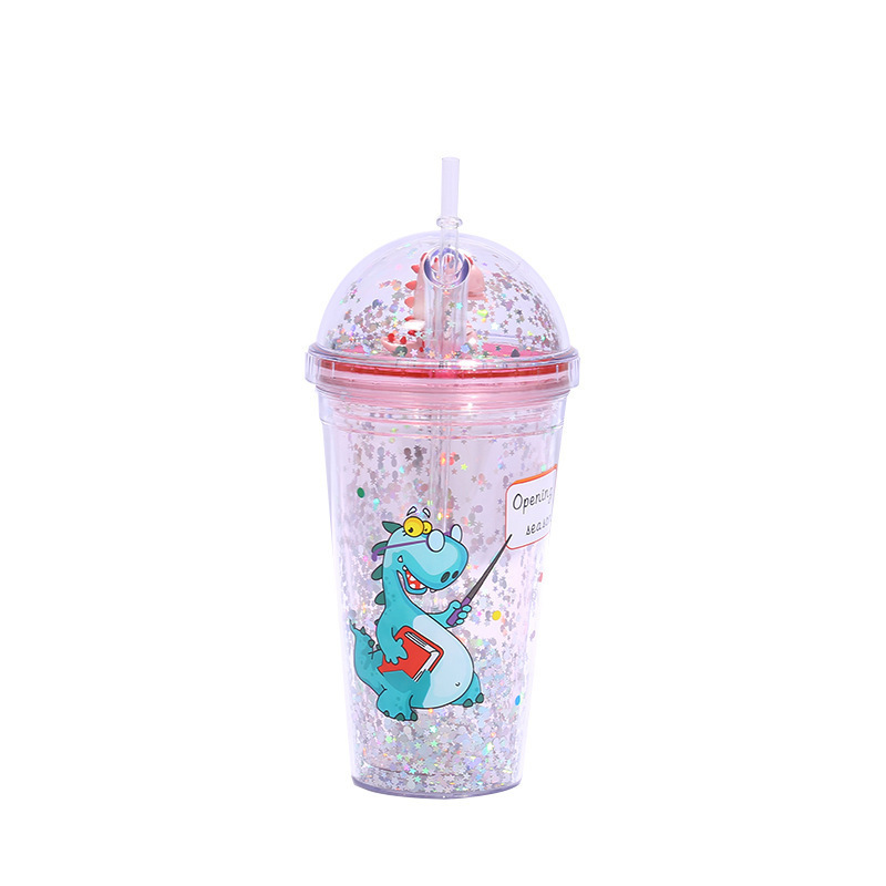 Drink Cup Cute  Summer Ice Cooling Dinosaur Tumblers Dome Lids Glitter 500ML Plastic Water Cups With Lids And Straws