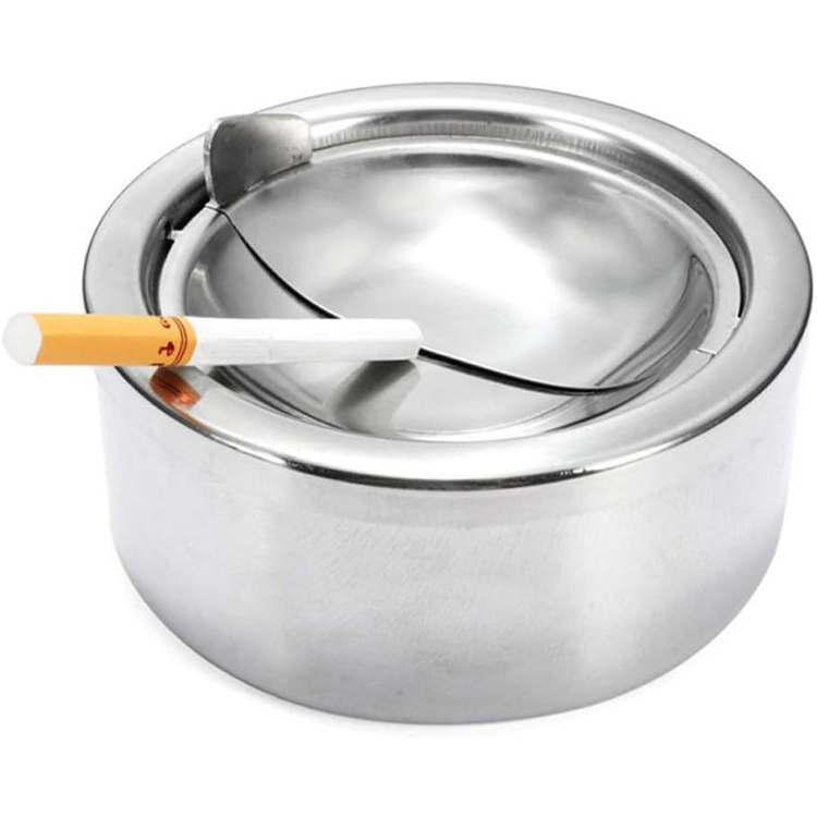 Hyri Windproof Round Push Down Ashtray with Lid Light Weight Hinged for Smokers Home Bar Silver Stainless Steel Ashtray