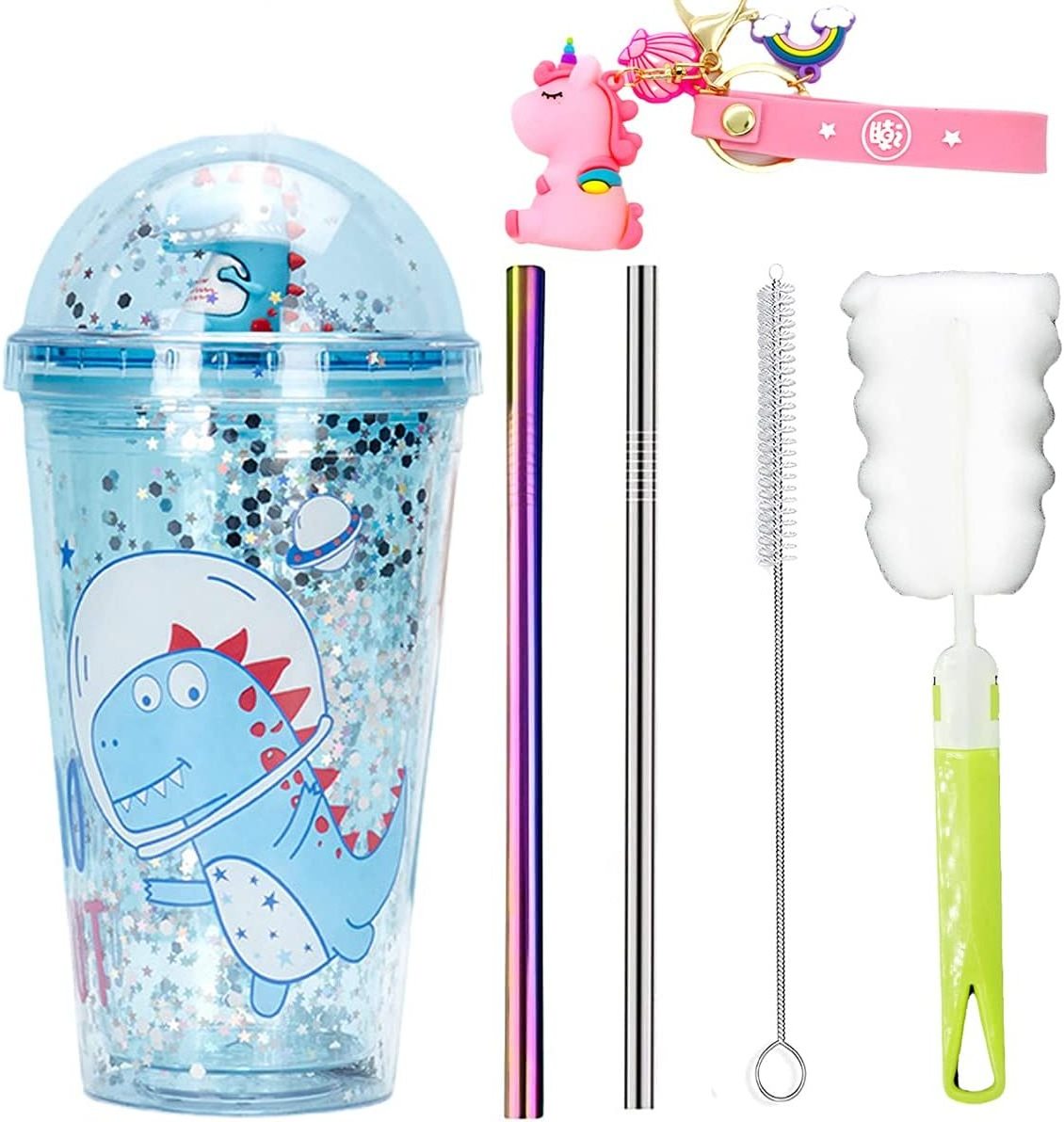 Drink Cup Cute  Summer Ice Cooling Dinosaur Tumblers Dome Lids Glitter 500ML Plastic Water Cups With Lids And Straws