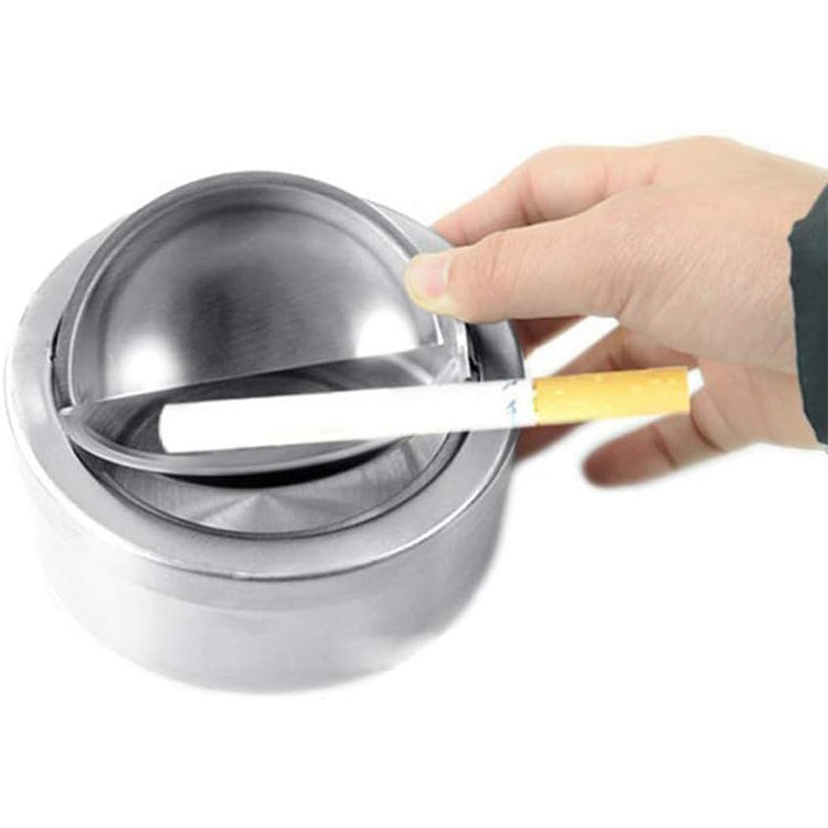 Hyri Windproof Round Push Down Ashtray with Lid Light Weight Hinged for Smokers Home Bar Silver Stainless Steel Ashtray