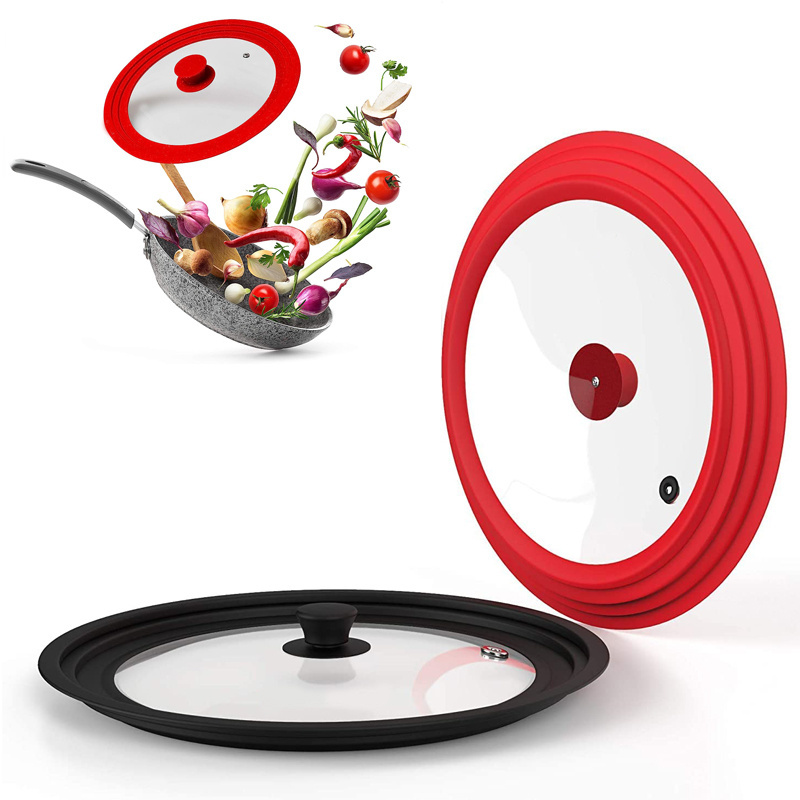 Universal Silicone Glass Lid for pots Pans & Skillet 7 to 9 Inches, tempered Glass Lid with Steam Vents & Cool-Touch Handle