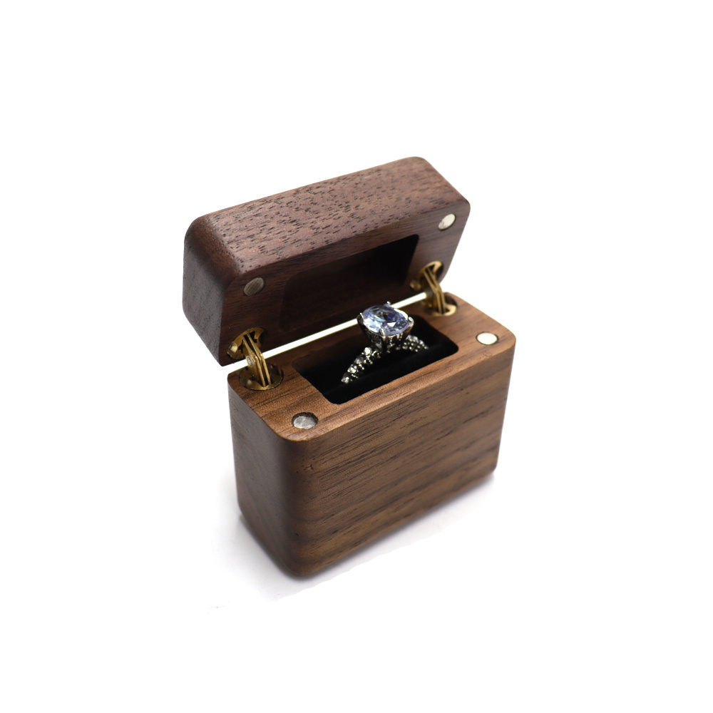 Double Brass Hinge Magnetic Suction Lighter Ring Box Black Walnut Diamond Ring Jewelry Storage Box Small Earrings Packaging