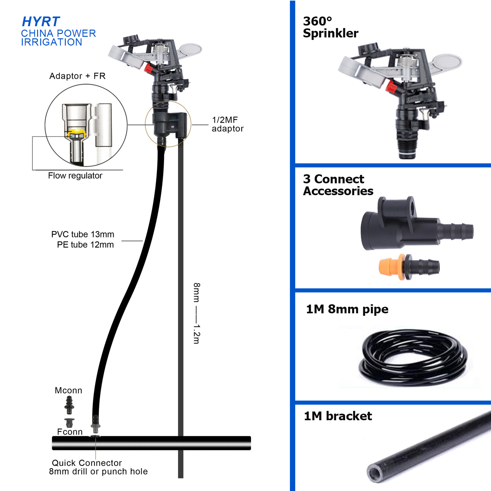 HYRT 1/2 inch adjustable plastic impact sprinkler drip irrigation system