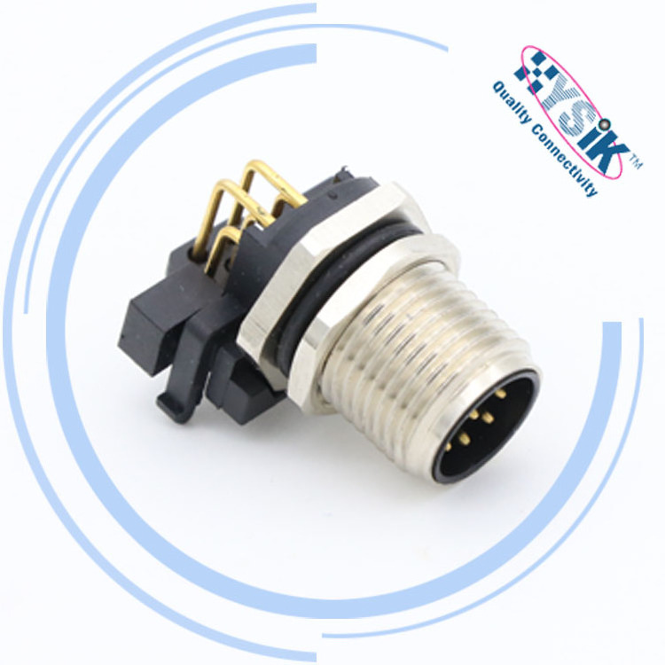 90 degree PCB M12 male panel mount connector,IP67 waterproof M12 male angle socket with dip solder connector