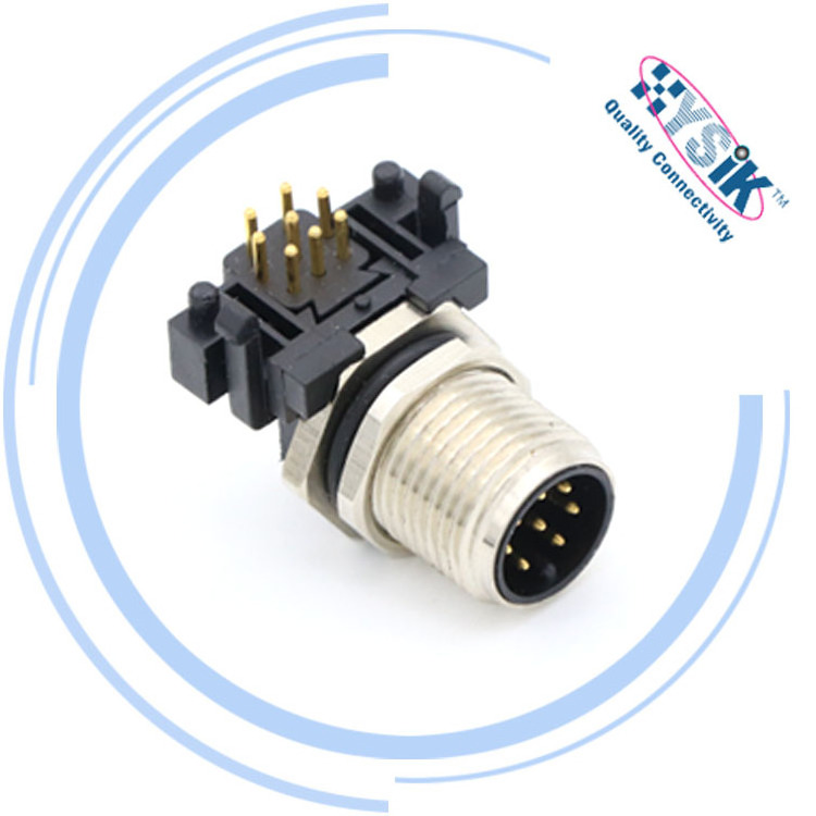 90 degree PCB M12 male panel mount connector,IP67 waterproof M12 male angle socket with dip solder connector