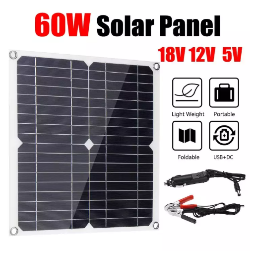 60W 18V Mono Solar Panel Dual USB 12V/5V DC Monocrystalline Flexible Solar Charger