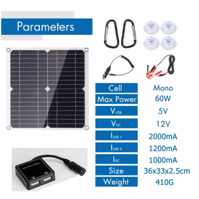 60W 18V Mono Solar Panel Dual USB 12V/5V DC Monocrystalline Flexible Solar Charger