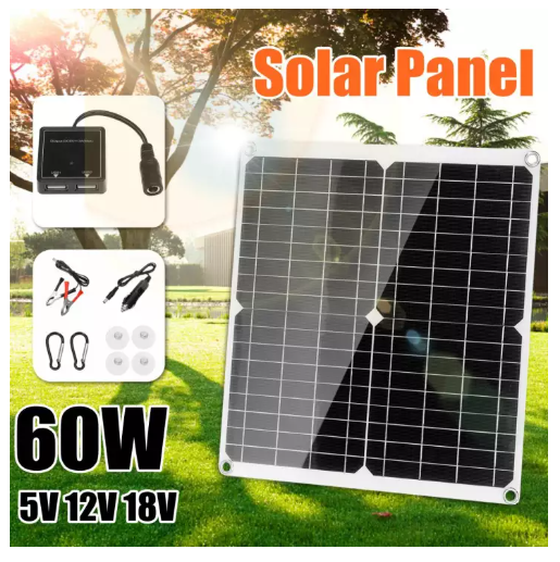 60W 18V Mono Solar Panel Dual USB 12V/5V DC Monocrystalline Flexible Solar Charger