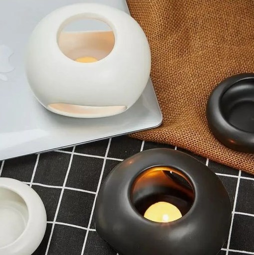 Modern Black Large round Wax Melt Burner Small Eid Gift Wax Melt Oil Burner Gift Set Black Circle Wax Melt Burner