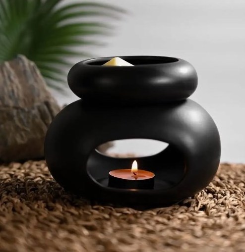 Modern Black Large round Wax Melt Burner Small Eid Gift Wax Melt Oil Burner Gift Set Black Circle Wax Melt Burner