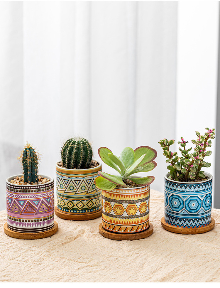 Interior home decorations Small mni flower pot ceramic Succulent Pots Bohemian Planter cactus Pot with Drainage and Bamboo Tray