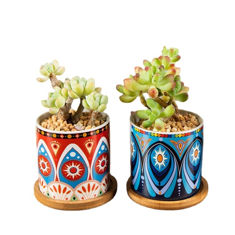 Interior home decorations Small mni flower pot ceramic Succulent Pots Bohemian Planter cactus Pot with Drainage and Bamboo Tray