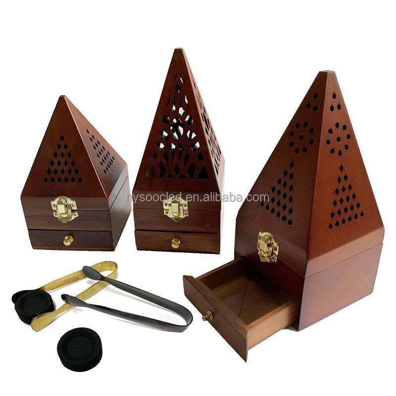 Pyramid arabic style wooden incense burner holder custom logo wooden mubkhar bakhoor burner charcoal burner for shisha wholesale