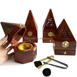 Pyramid arabic style wooden incense burner holder custom logo wooden mubkhar bakhoor burner charcoal burner for shisha wholesale