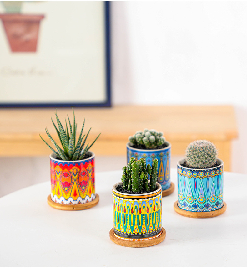 Interior home decorations Small mni flower pot ceramic Succulent Pots Bohemian Planter cactus Pot with Drainage and Bamboo Tray