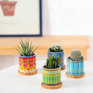 Interior home decorations Small mni flower pot ceramic Succulent Pots Bohemian Planter cactus Pot with Drainage and Bamboo Tray