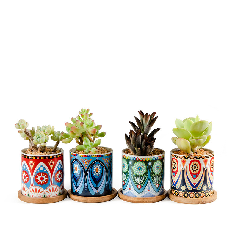 Interior home decorations Small mni flower pot ceramic Succulent Pots Bohemian Planter cactus Pot with Drainage and Bamboo Tray