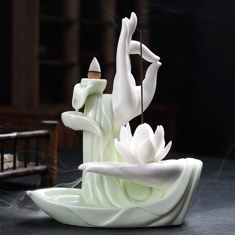 Backflow incense burner electric windproof waterfall holder white buddha hand lotus custom package incense & incense burners new