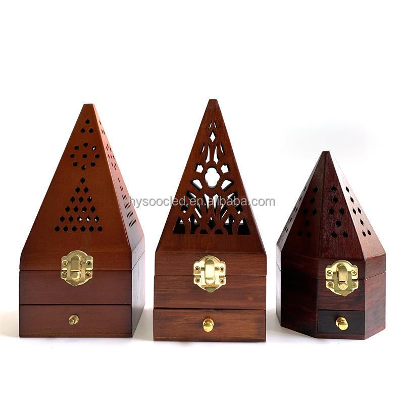 Pyramid arabic style wooden incense burner holder custom logo wooden mubkhar bakhoor burner charcoal burner for shisha wholesale