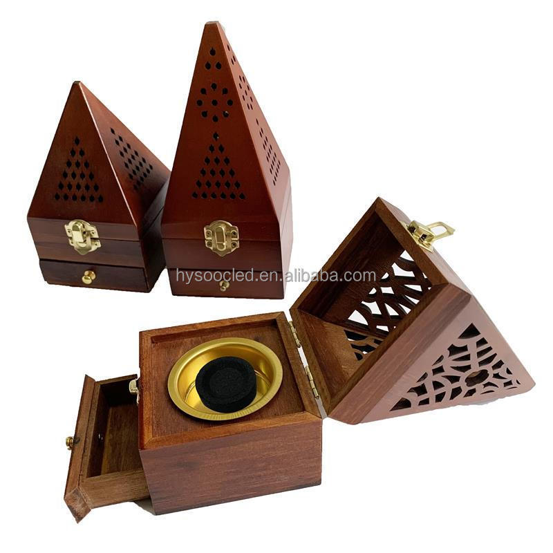 Pyramid arabic style wooden incense burner holder custom logo wooden mubkhar bakhoor burner charcoal burner for shisha wholesale