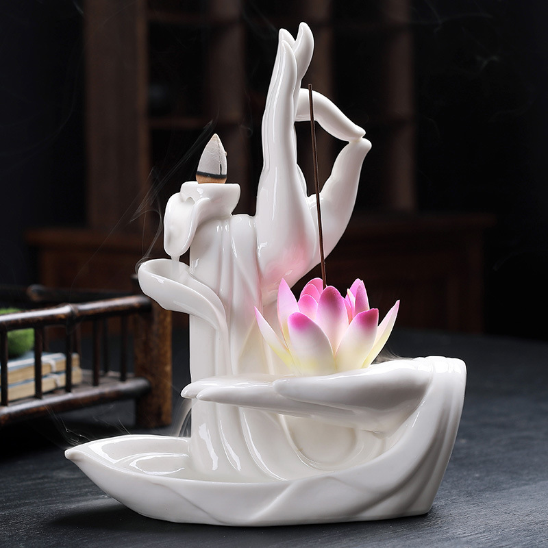 Backflow incense burner electric windproof waterfall holder white buddha hand lotus custom package incense & incense burners new