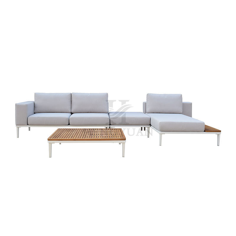 Factory Direct Garden Patio Fabric White Teak Wooden Lounge Outdoor Sectional Furniture Sofa Set