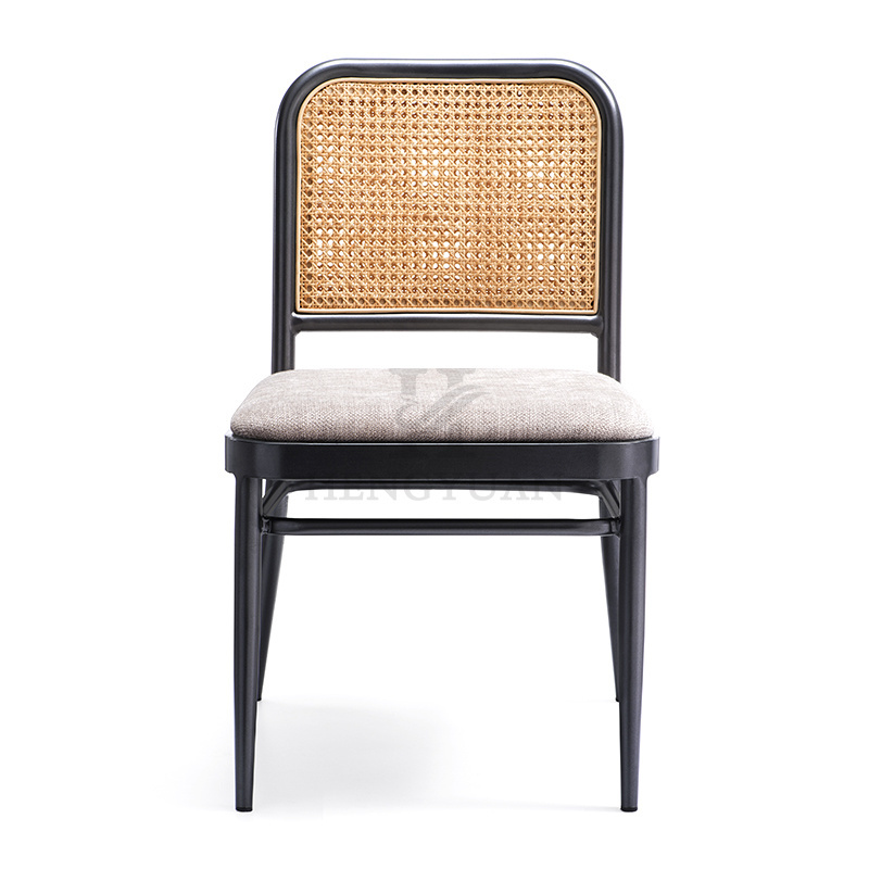 Customized Metal Frame Rattan Back Dining Chair With Upholstered Fabric Cushion