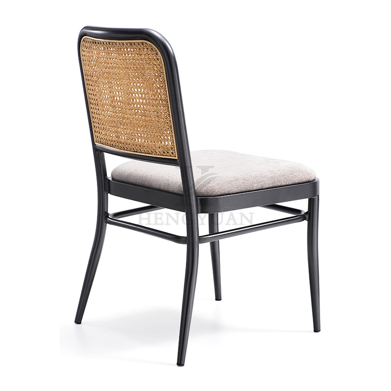 Customized Metal Frame Rattan Back Dining Chair With Upholstered Fabric Cushion