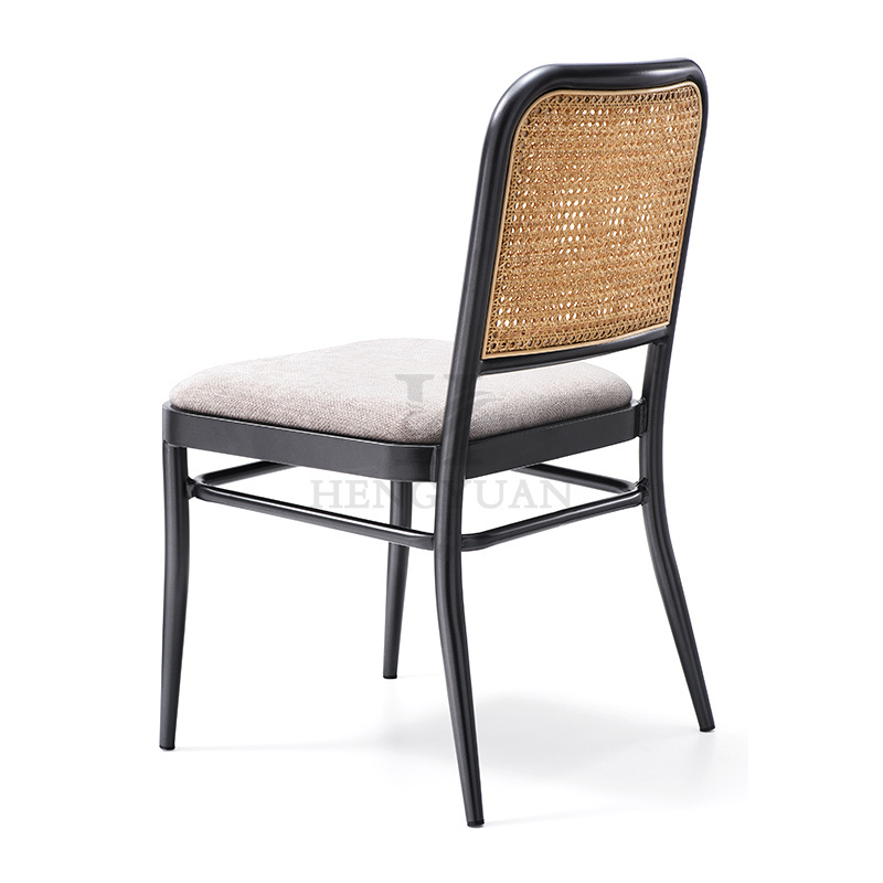 Customized Metal Frame Rattan Back Dining Chair With Upholstered Fabric Cushion